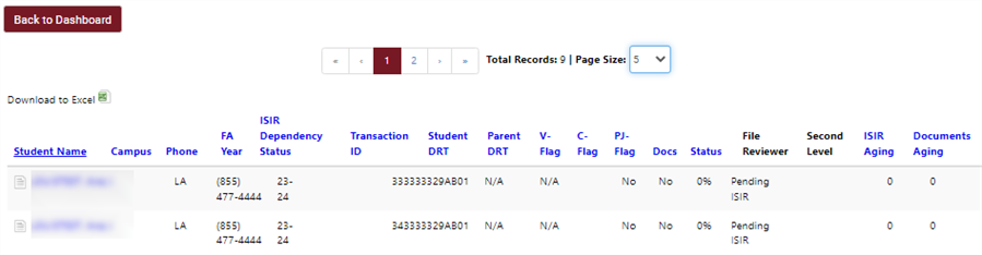 Student List Columns